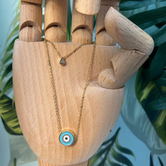 Evil Eye Minimalist Layered Necklace - Pop-of-Color Gold Preppy Necklace - Picture 5 of 17